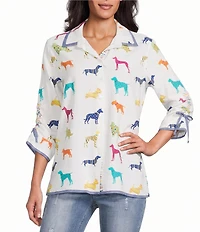 John Mark Woven Multi Novelty Dog Print Point Collar 3/4 Cinched Sleeve Button Front Shirt