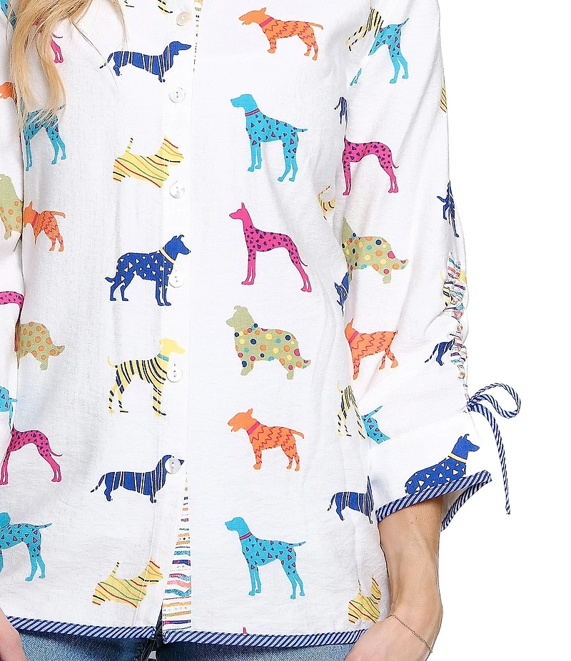 John Mark Woven Multi Novelty Dog Print Point Collar 3/4 Cinched Sleeve Button Front Shirt