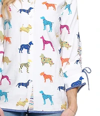 John Mark Woven Multi Novelty Dog Print Point Collar 3/4 Cinched Sleeve Button Front Shirt