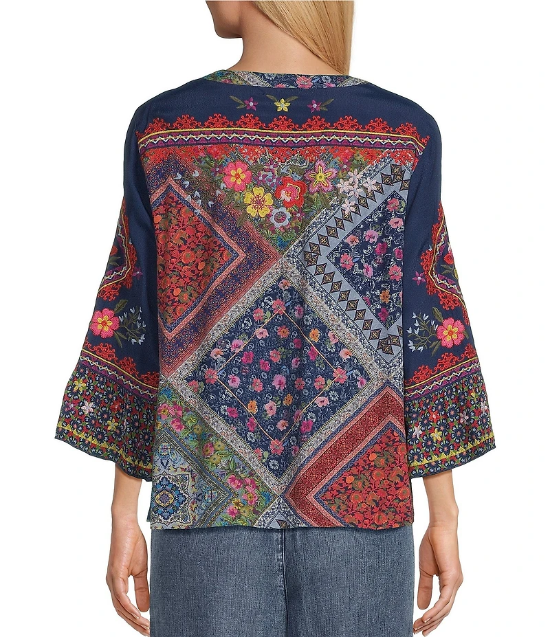 John Mark Woven Multi Scarf Floral Print Embroidered V-Neck 3/4 Sleeve Tunic