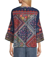 John Mark Woven Multi Scarf Floral Print Embroidered V-Neck 3/4 Sleeve Tunic