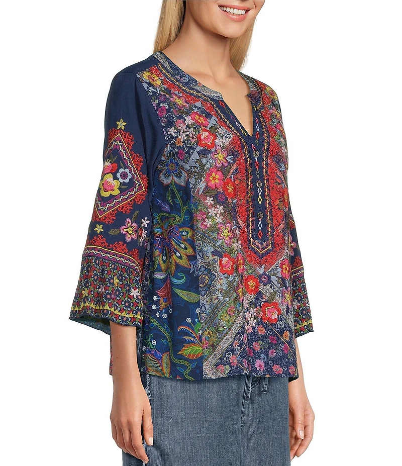 John Mark Woven Multi Scarf Floral Print Embroidered V-Neck 3/4 Sleeve Tunic