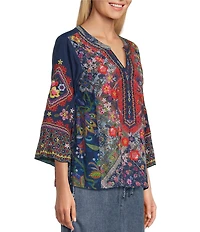 John Mark Woven Multi Scarf Floral Print Embroidered V-Neck 3/4 Sleeve Tunic