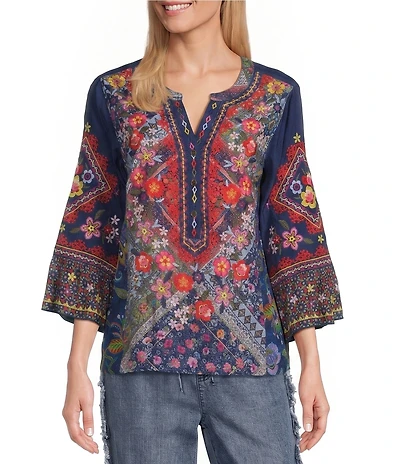 John Mark Woven Multi Scarf Floral Print Embroidered V-Neck 3/4 Sleeve Tunic