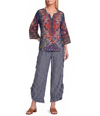 John Mark Woven Multi Scarf Floral Print Embroidered V-Neck 3/4 Sleeve Tunic