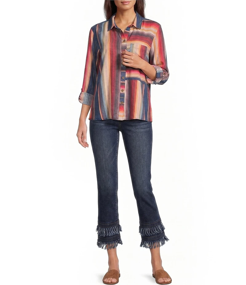 John Mark Woven Multi Stripe Point Collar Long Sleeve Shirt