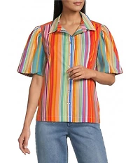 John Mark Woven Multi Stripe Point Collar Short Puff Sleeve Button Front Shirt