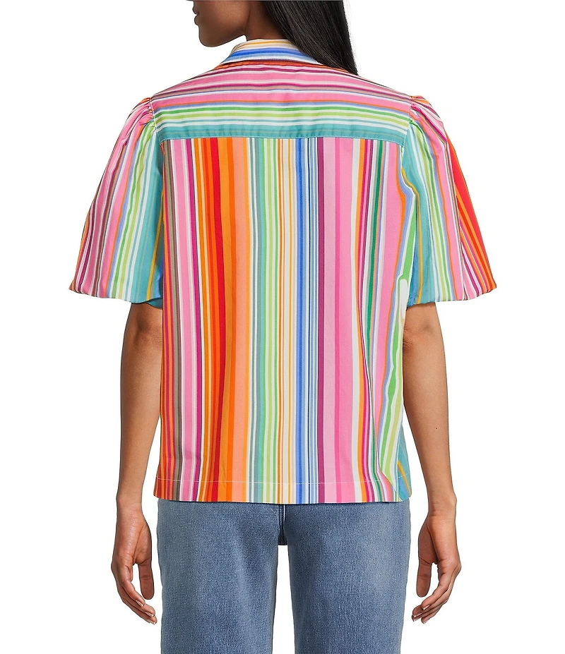 John Mark Woven Multi Stripe Point Collar Short Puff Sleeve Button Front Shirt