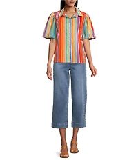 John Mark Woven Multi Stripe Point Collar Short Puff Sleeve Button Front Shirt