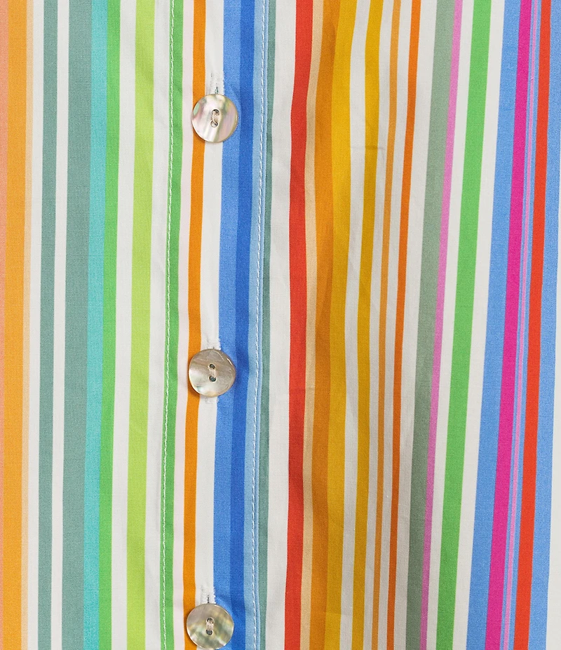 John Mark Woven Multi Stripe Point Collar Short Puff Sleeve Button Front Shirt