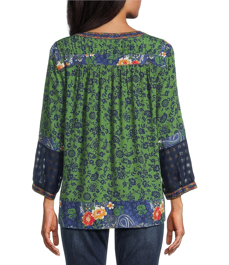 John Mark Woven Paisley And Floral Print Y-Neck 3/4 Sleeve Embroidered Peasant Tunic
