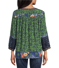 John Mark Woven Paisley And Floral Print Y-Neck 3/4 Sleeve Embroidered Peasant Tunic