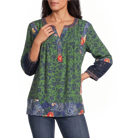 John Mark Woven Paisley And Floral Print Y-Neck 3/4 Sleeve Embroidered Peasant Tunic