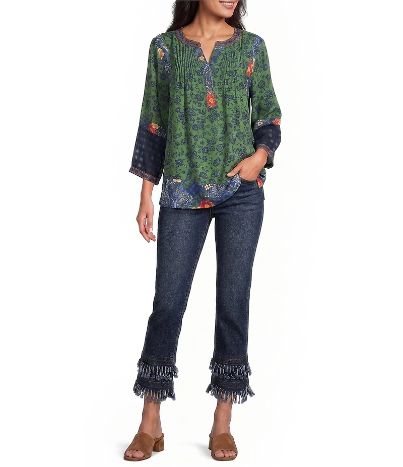 John Mark Woven Paisley And Floral Print Y-Neck 3/4 Sleeve Embroidered Peasant Tunic
