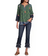 John Mark Woven Paisley And Floral Print Y-Neck 3/4 Sleeve Embroidered Peasant Tunic