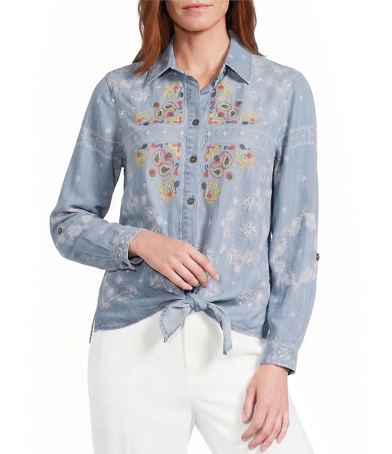 John Mark Woven Paisley Embroidered Point Collar Long Roll Tab Sleeve Button Front Tie Shirt