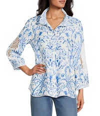 John Mark Woven Paisley Print Wire Collar 3/4 Blouson Lace Inset Sleeve Contrast Trim Button Front Top
