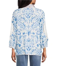 John Mark Woven Paisley Print Wire Collar 3/4 Blouson Lace Inset Sleeve Contrast Trim Button Front Top