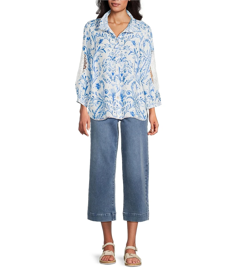 John Mark Woven Paisley Print Wire Collar 3/4 Blouson Lace Inset Sleeve Contrast Trim Button Front Top