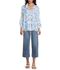 John Mark Woven Paisley Print Wire Collar 3/4 Blouson Lace Inset Sleeve Contrast Trim Button Front Top