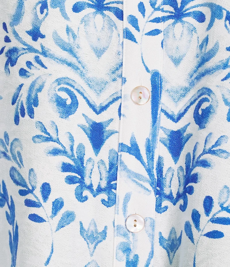 John Mark Woven Paisley Print Wire Collar 3/4 Blouson Lace Inset Sleeve Contrast Trim Button Front Top