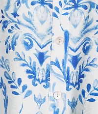 John Mark Woven Paisley Print Wire Collar 3/4 Blouson Lace Inset Sleeve Contrast Trim Button Front Top