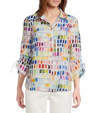 John Mark Woven Pantone Swatch Point Collar 3/4 Cinched Sleeve Button-Front Shirt