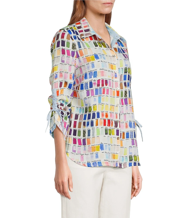 John Mark Woven Pantone Swatch Point Collar 3/4 Cinched Sleeve Button-Front Shirt