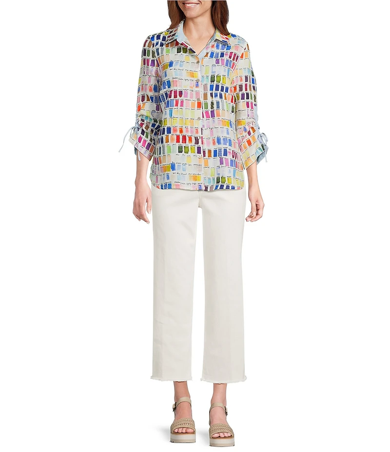 John Mark Woven Pantone Swatch Point Collar 3/4 Cinched Sleeve Button-Front Shirt
