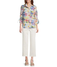 John Mark Woven Pantone Swatch Point Collar 3/4 Cinched Sleeve Button-Front Shirt