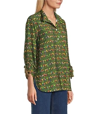 John Mark Woven Parrot Print Wire Collar 3/4 Cinched Tie Sleeve Hi Low Hem Button Front Tunic