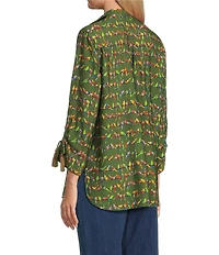 John Mark Woven Parrot Print Wire Collar 3/4 Cinched Tie Sleeve Hi Low Hem Button Front Tunic