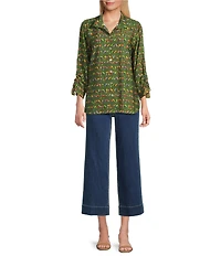 John Mark Woven Parrot Print Wire Collar 3/4 Cinched Tie Sleeve Hi Low Hem Button Front Tunic