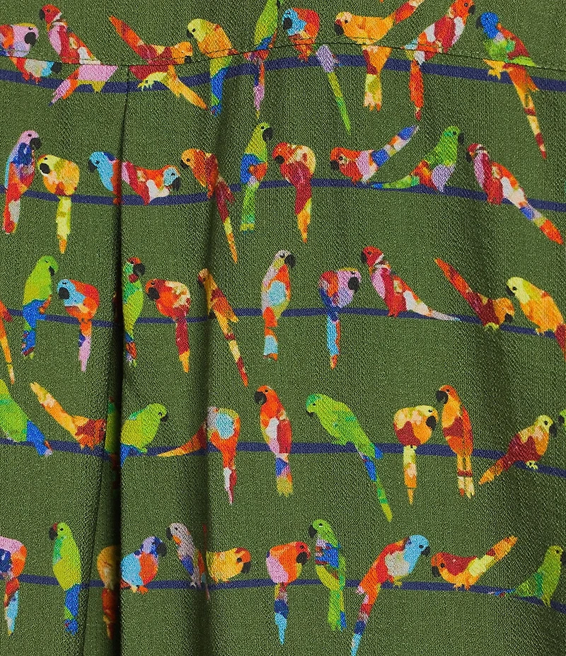 John Mark Woven Parrot Print Wire Collar 3/4 Cinched Tie Sleeve Hi Low Hem Button Front Tunic