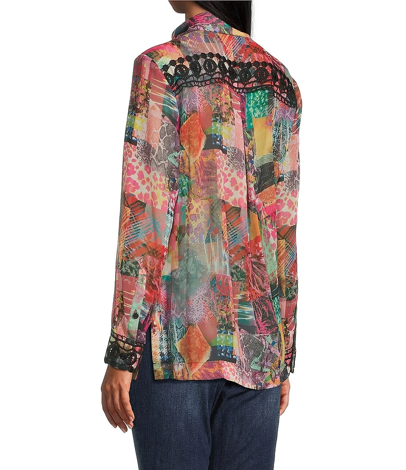 John Mark Woven Patchwork Print Point Collar Long Sleeve Button Front Blouse