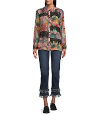 John Mark Woven Patchwork Print Point Collar Long Sleeve Button Front Blouse