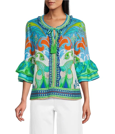 John Mark Woven Peacock Border Print Scoop Neck Tassel Tie 3/4 Ruffle Tiered Sleeve Top