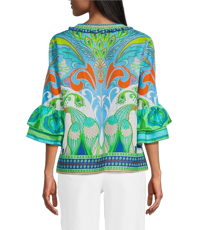 John Mark Woven Peacock Border Print Scoop Neck Tassel Tie 3/4 Ruffle Tiered Sleeve Top