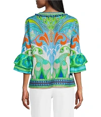 John Mark Woven Peacock Border Print Scoop Neck Tassel Tie 3/4 Ruffle Tiered Sleeve Top
