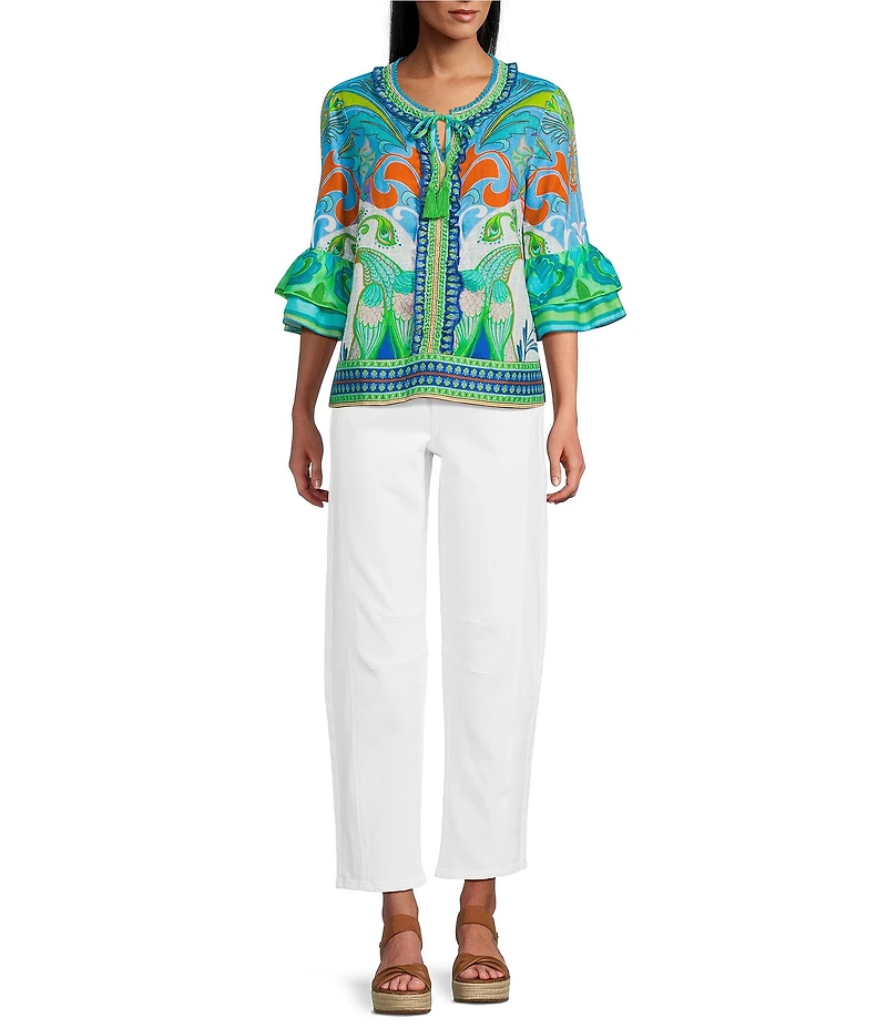 John Mark Woven Peacock Border Print Scoop Neck Tassel Tie 3/4 Ruffle Tiered Sleeve Top