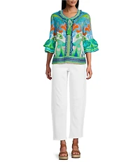 John Mark Woven Peacock Border Print Scoop Neck Tassel Tie 3/4 Ruffle Tiered Sleeve Top