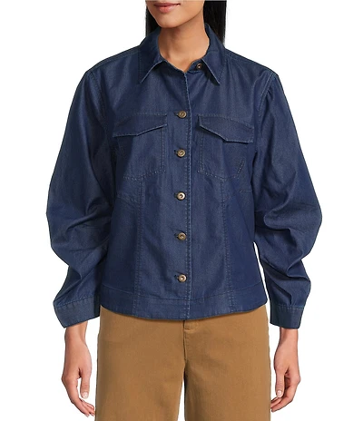 John Mark Woven Point Collar 3/4 Tucked Sleeve Button Front Denim Blouse