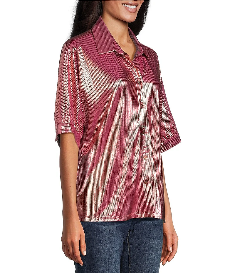 John Mark Woven Point Collar Short Dolman Sleeve Shimmer Pleat Button Front Blouse
