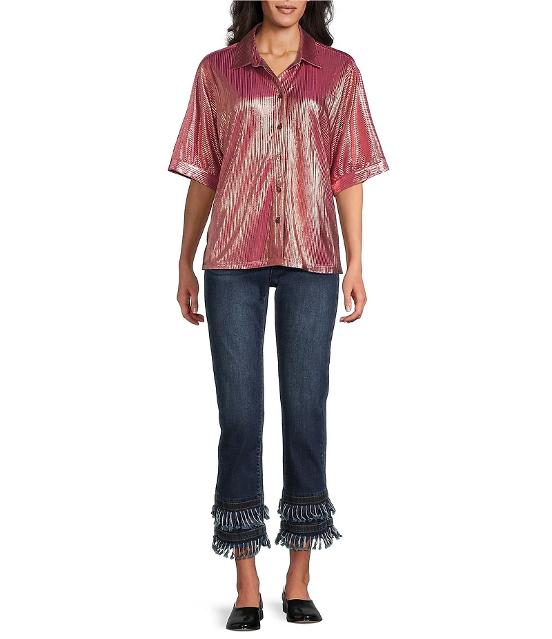 John Mark Woven Point Collar Short Dolman Sleeve Shimmer Pleat Button Front Blouse