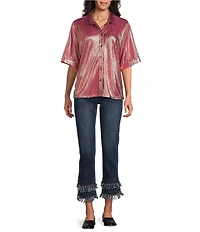 John Mark Woven Point Collar Short Dolman Sleeve Shimmer Pleat Button Front Blouse