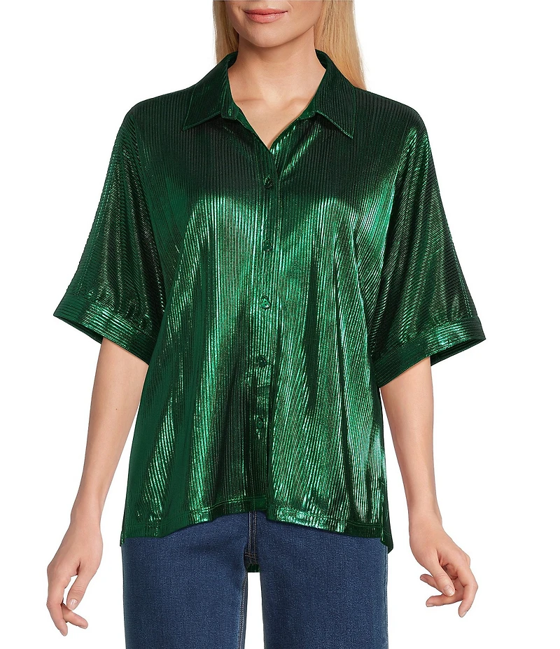 John Mark Woven Point Collar Short Dolman Sleeve Shimmer Pleat Button Front Blouse