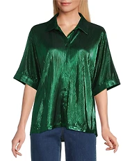 John Mark Woven Point Collar Short Dolman Sleeve Shimmer Pleat Button Front Blouse