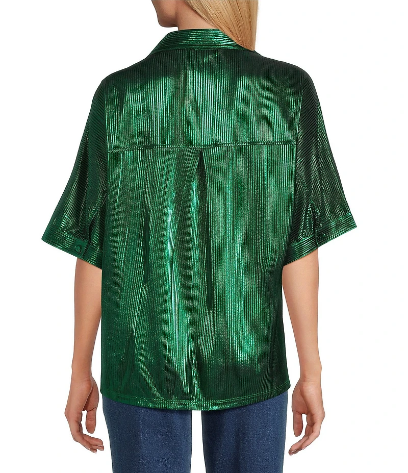 John Mark Woven Point Collar Short Dolman Sleeve Shimmer Pleat Button Front Blouse