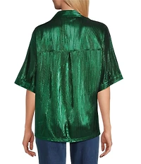 John Mark Woven Point Collar Short Dolman Sleeve Shimmer Pleat Button Front Blouse