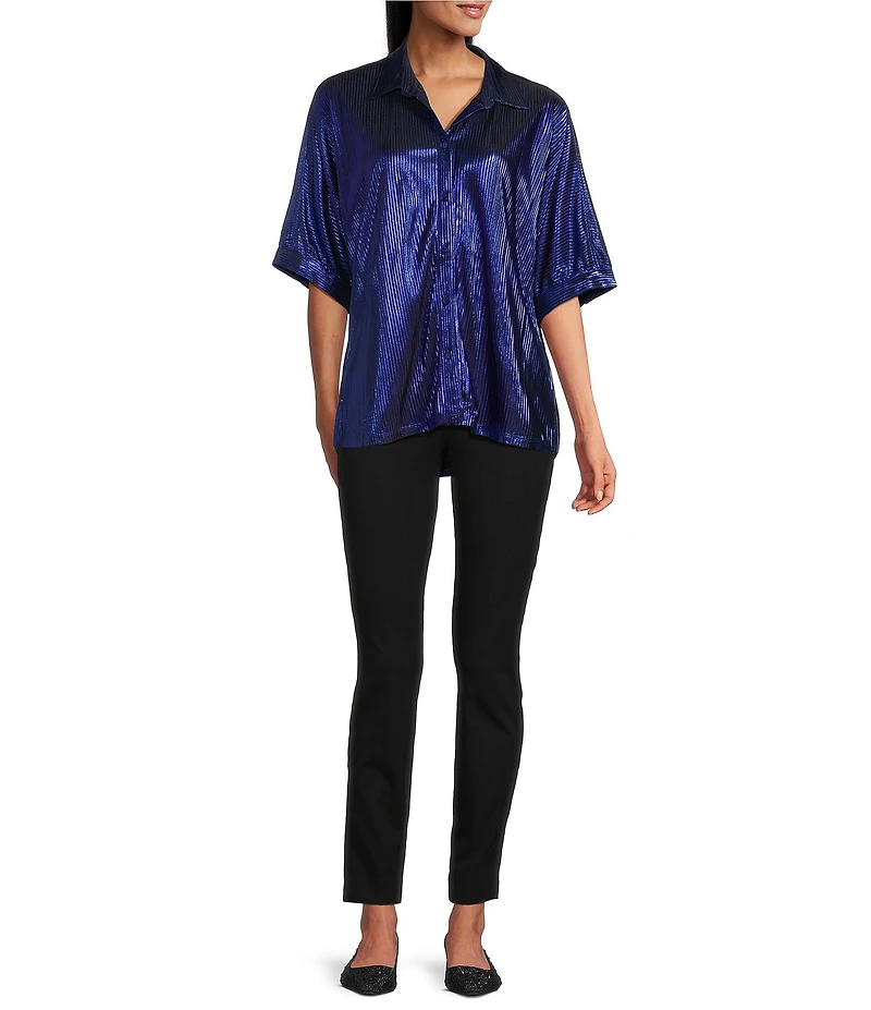 John Mark Woven Point Collar Short Dolman Sleeve Shimmer Pleat Button Front Blouse